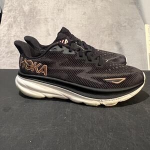 Hoka Clifton 9 Shoes Womens 8 D Black Gold Running Cushioned Athletic Sneakers